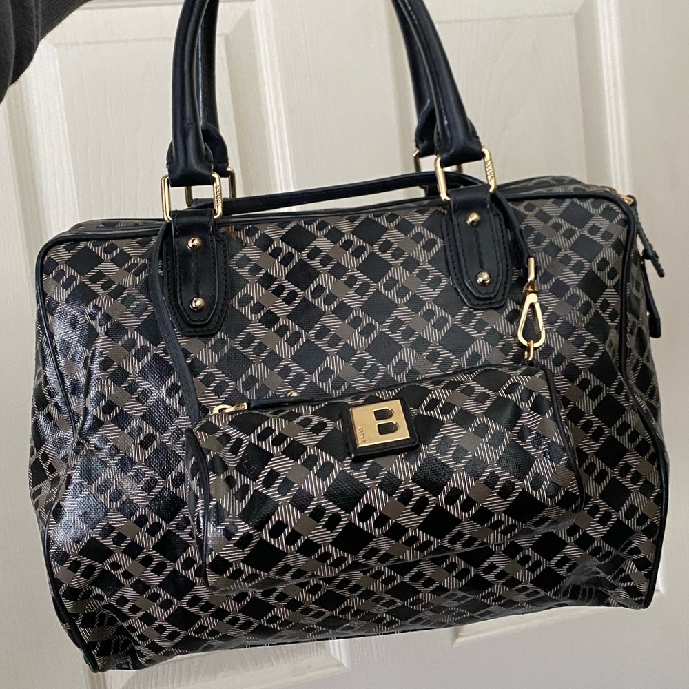 Bally Navy Monogram Leather & Canvas Boston Bag with pouch